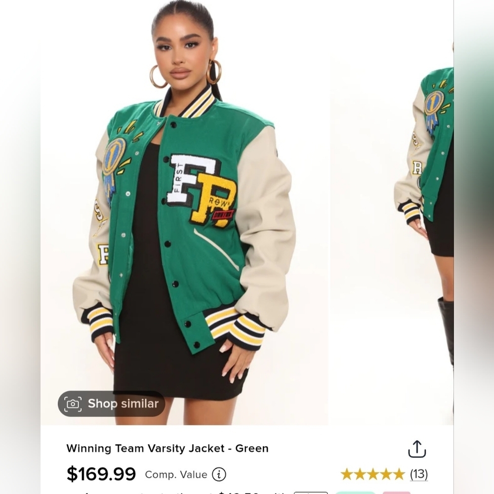 Fashion Nova Winning Team Varsity Jacket Green Black Tan Bomber Coat SIZE MEDIUM